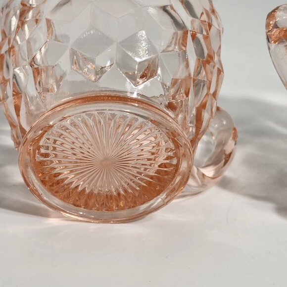 Pink Depression Glass Creamer Sugar Bowl Set Diamond Pattern Handles - Picture 5 of 10